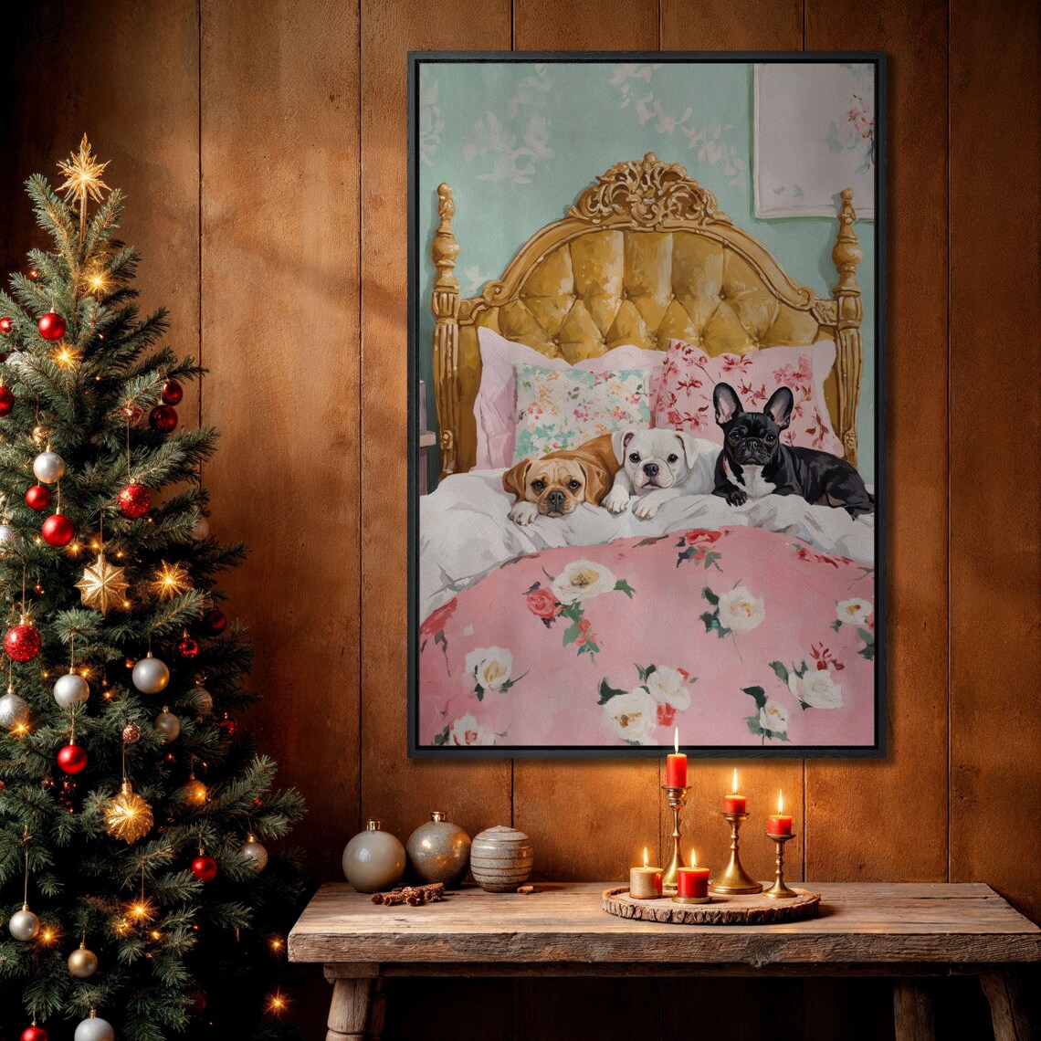 Three Cute Dogs On Pink Floral Bed Cozy Puppies Bedroom Wall Poster - Image 3
