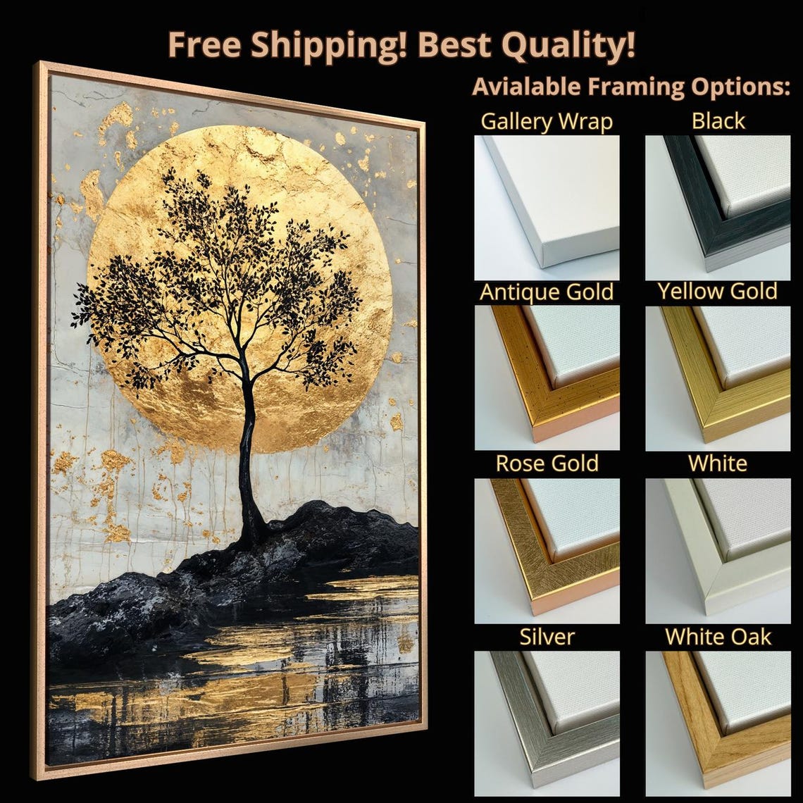 Black Tree Silhouette Gold Full Moon Reflective Water Art Print - Image 5