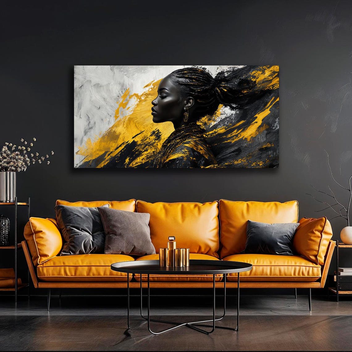 African Woman Framed Print Fashion Wall Art Black Gray And Yellow Painting Print Ethnic Culture Luxury Decor Ready To Hang - Image 4