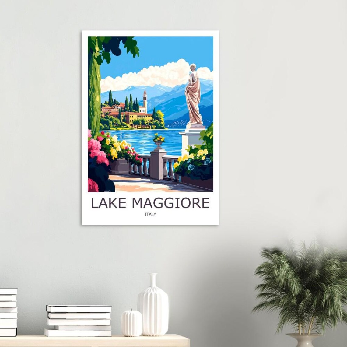 Lake Maggiore Lakeside Terrace Statue and Gardens Italy Travel Poster - Image 2