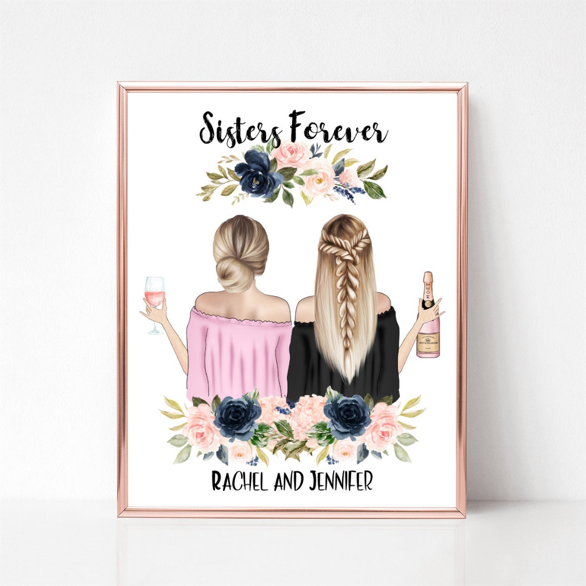 Sisters Forever Quote Wine Champagne Navy Floral Portrait Poster