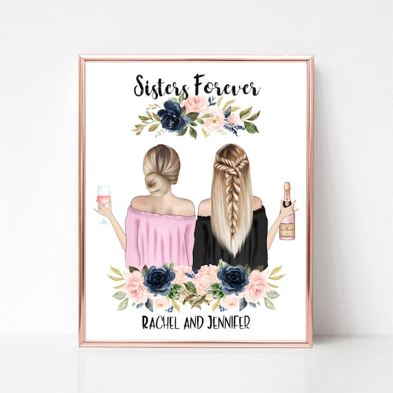 Sisters Forever Quote Wine Champagne Navy Floral Portrait Poster