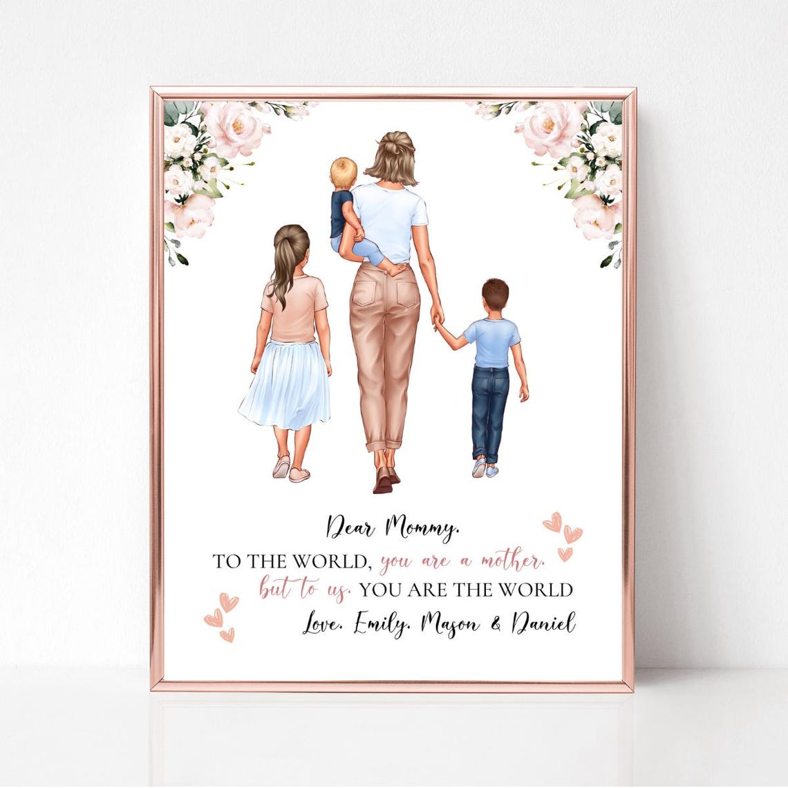 Personalized Mom With Three Kids Portrait You Are the World Gift Print