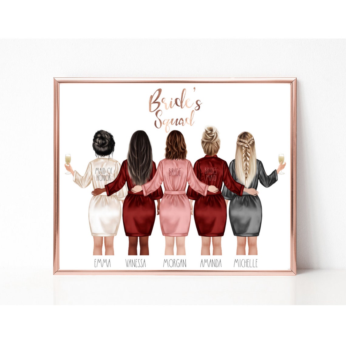 Brides Squad Five Women In Silk Robes With Champagne Back View Poster - Image 2