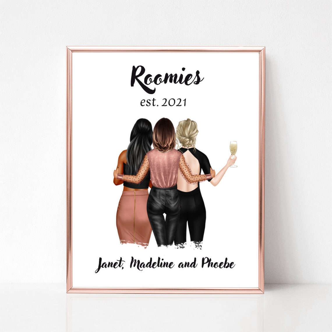 Roomies Est 2021 Three Best Friends Custom Names Gift Poster