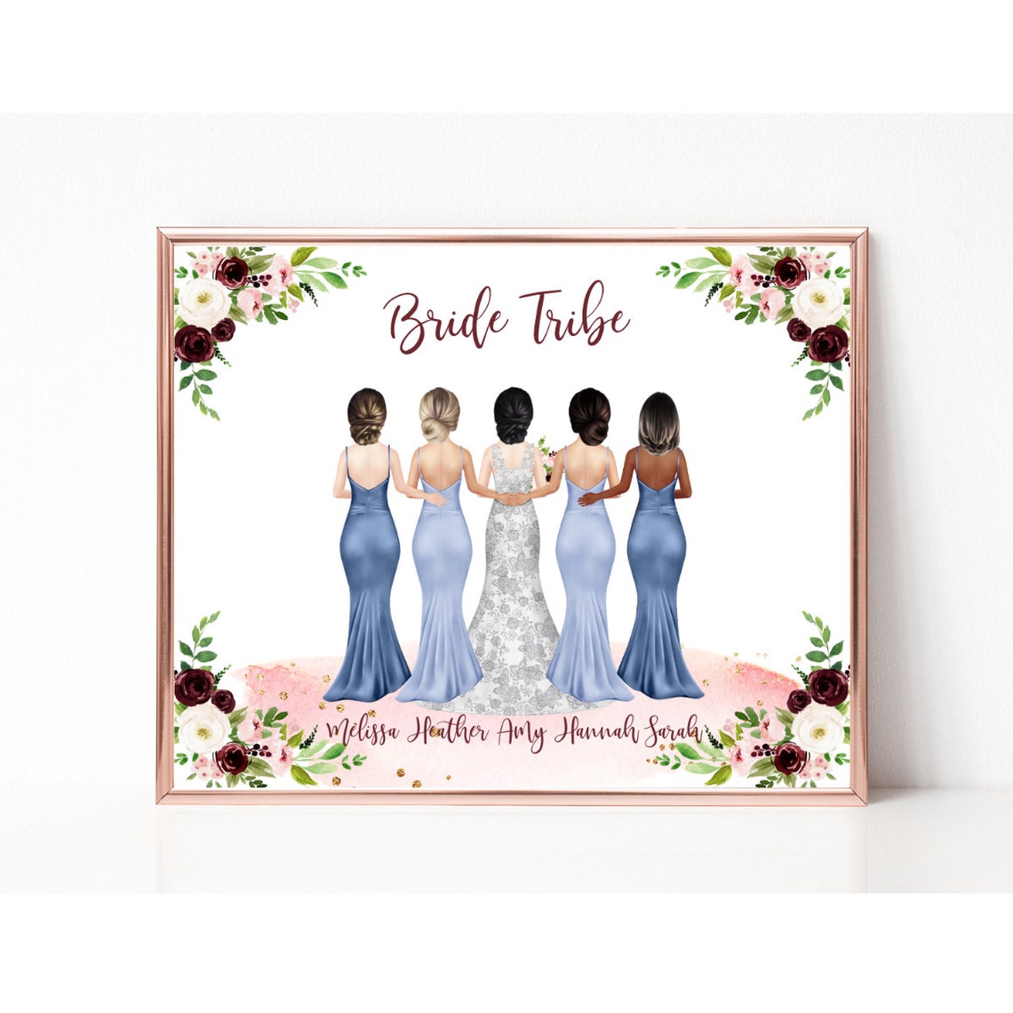 Bride Tribe Custom Portrait Five Women Burgundy Floral Bridesmaid Gift Poster - Image 2