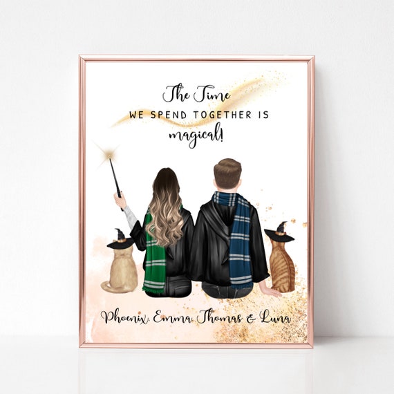 Wizard Couple With Cats Custom Portrait Magical Anniversary Gift Poster