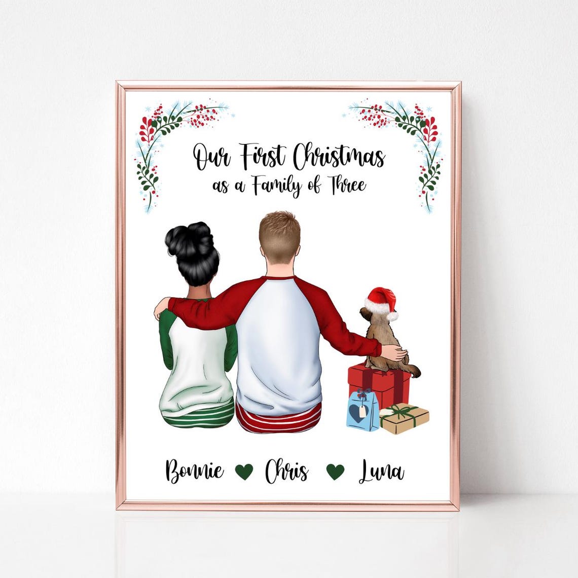 Custom Couple First Christmas Portrait Couple In Pyjamas With Dog Art Puppys First Christmas Gift For New Wife Newly Wed Gifts