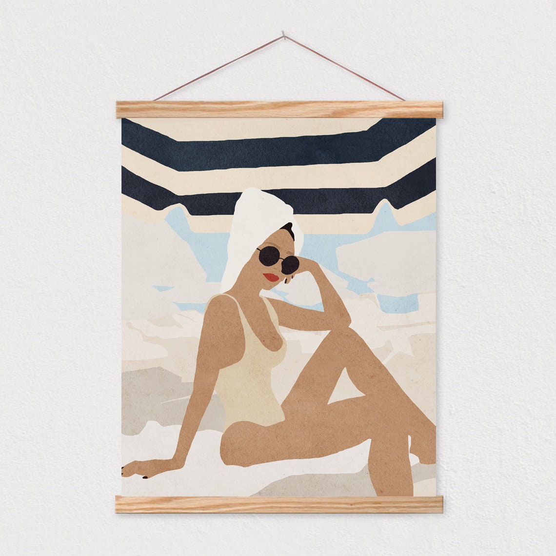 Woman Under Striped Beach Umbrella Mid Century Modern Poster - Image 2