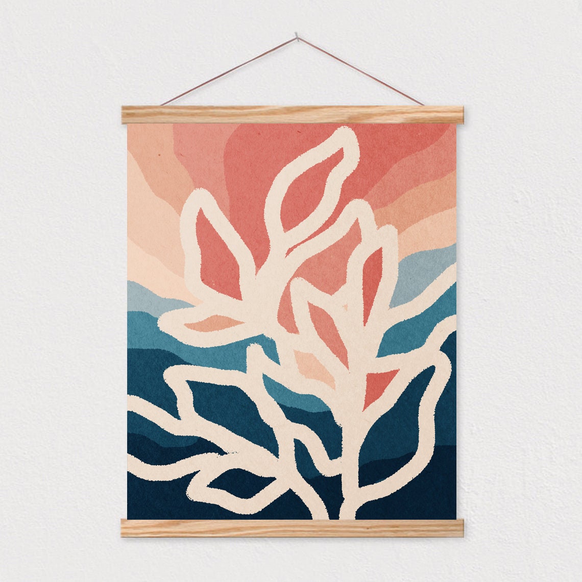 White Leaf Outline Coral Teal Sunset Abstract Botanical Poster - Image 2
