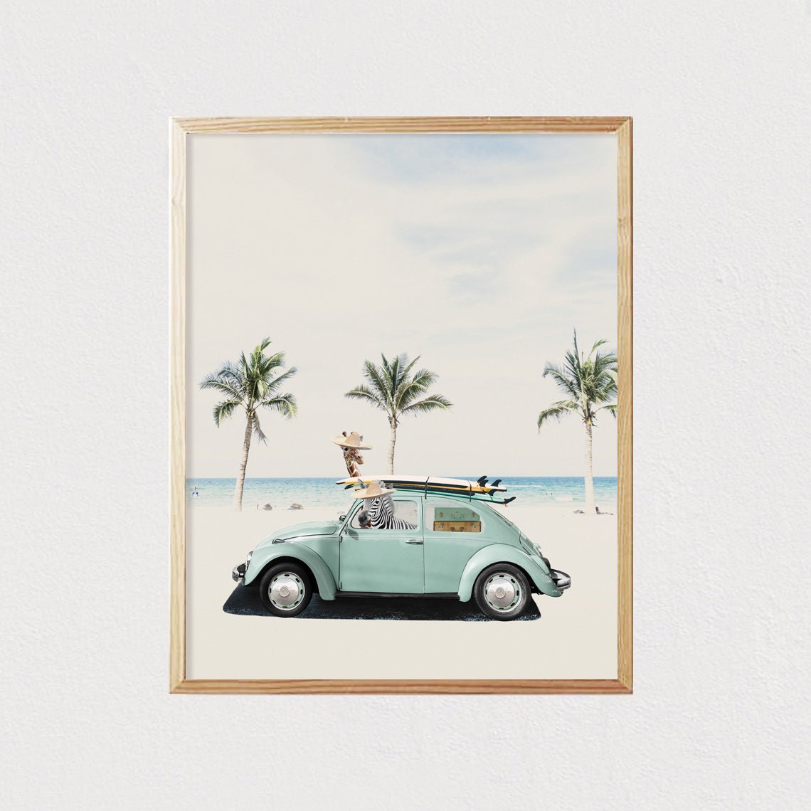 Giraffe Zebra Retro Beach Car Surf Trip Funny Animal Decor Poster - Image 2