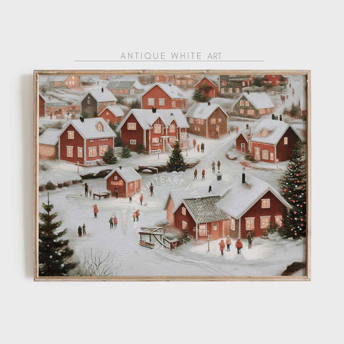 Snowy Scandinavian Village Red Houses Christmas Scene Travel Poster