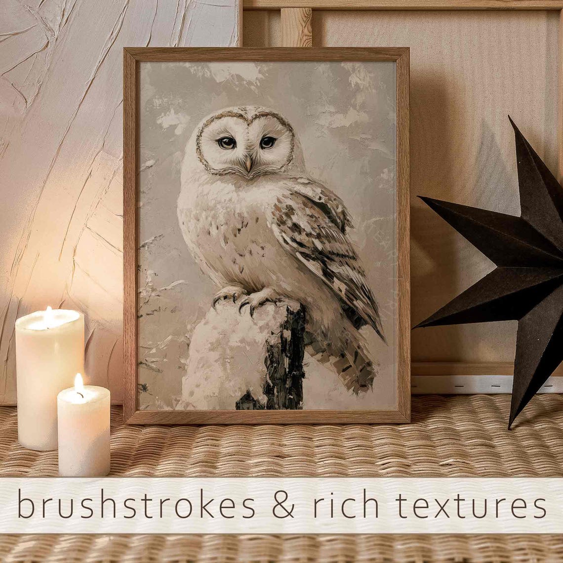 White Snowy Owl On Winter Stump Neutral Beige Wall Art Print - Image 3