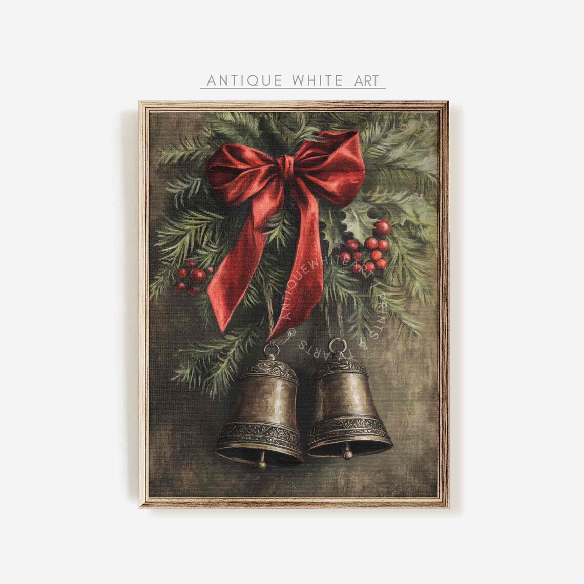 Moody Christmas Brass Bells Rustic Oil Art Print