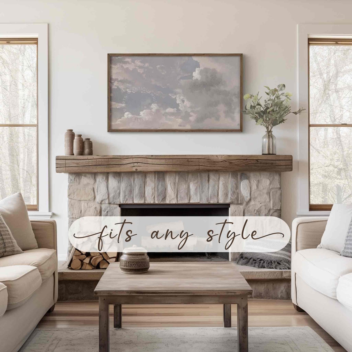 Soft Grey Clouds Sky Painting Neutral Vintage Cloud Art Wall Print - Image 2