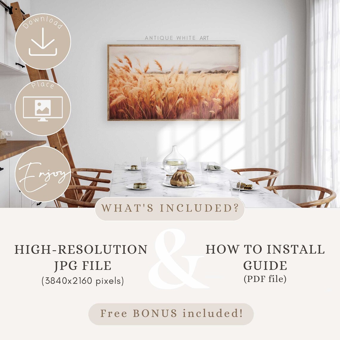 Golden Pampas Grass Autumn Field Vintage Cottagecore Wall Art Print - Image 2