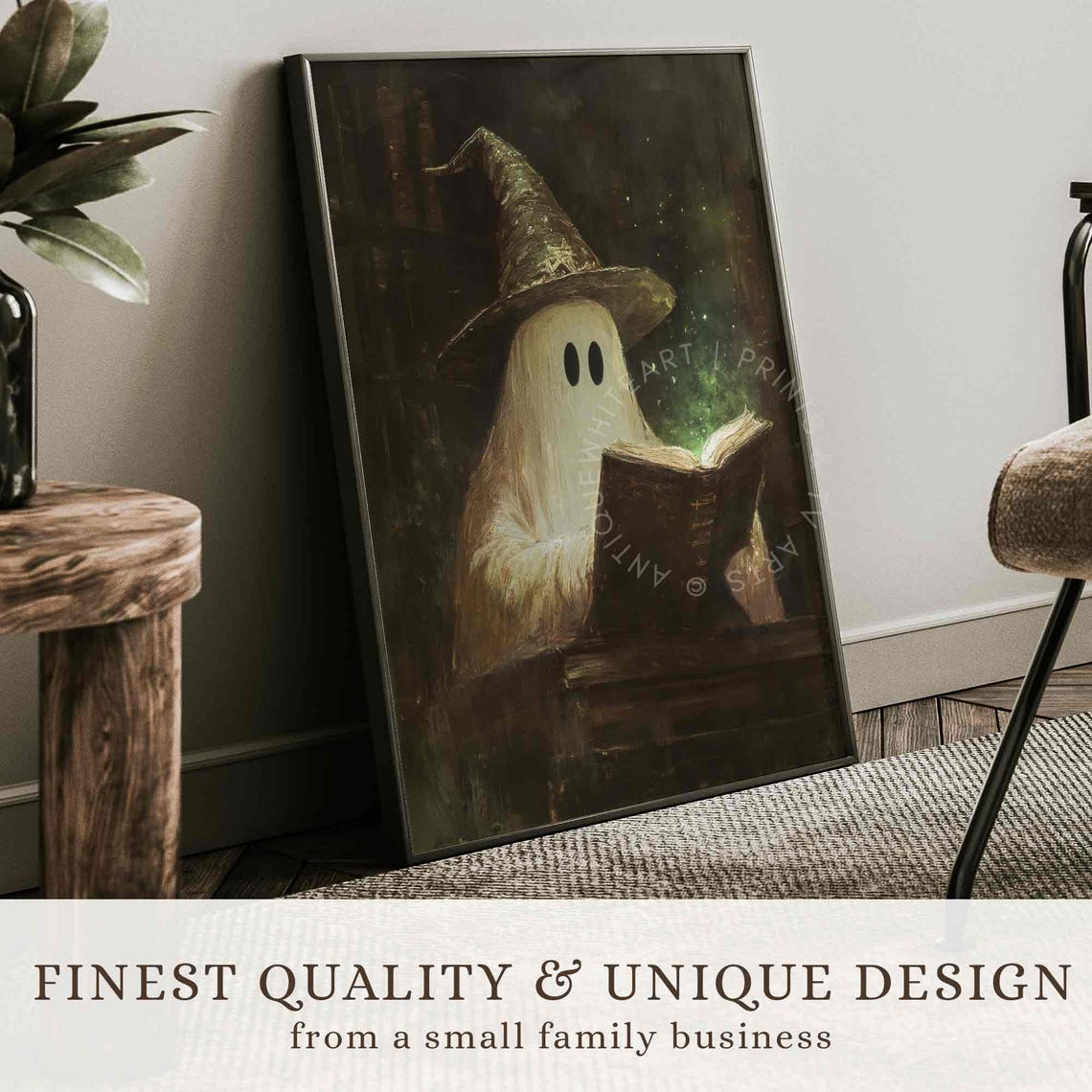 Cute Ghost Witch Hat Reading Spellbook Dark Magic Halloween Art Poster - Image 3