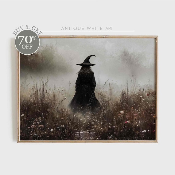 Lone Witch Foggy Field Dark Moody Halloween Witchy Vintage Art Poster