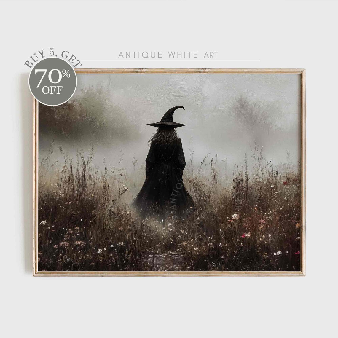 Lone Witch Foggy Field Dark Moody Halloween Witchy Vintage Art Poster