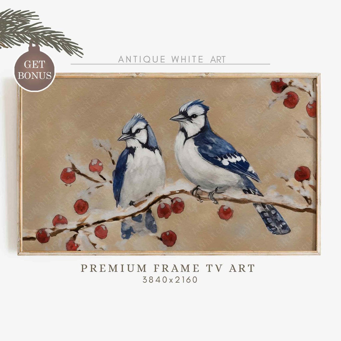Blue Jay Pair On Snowy Berry Branch Winter Bird Wall Art Print