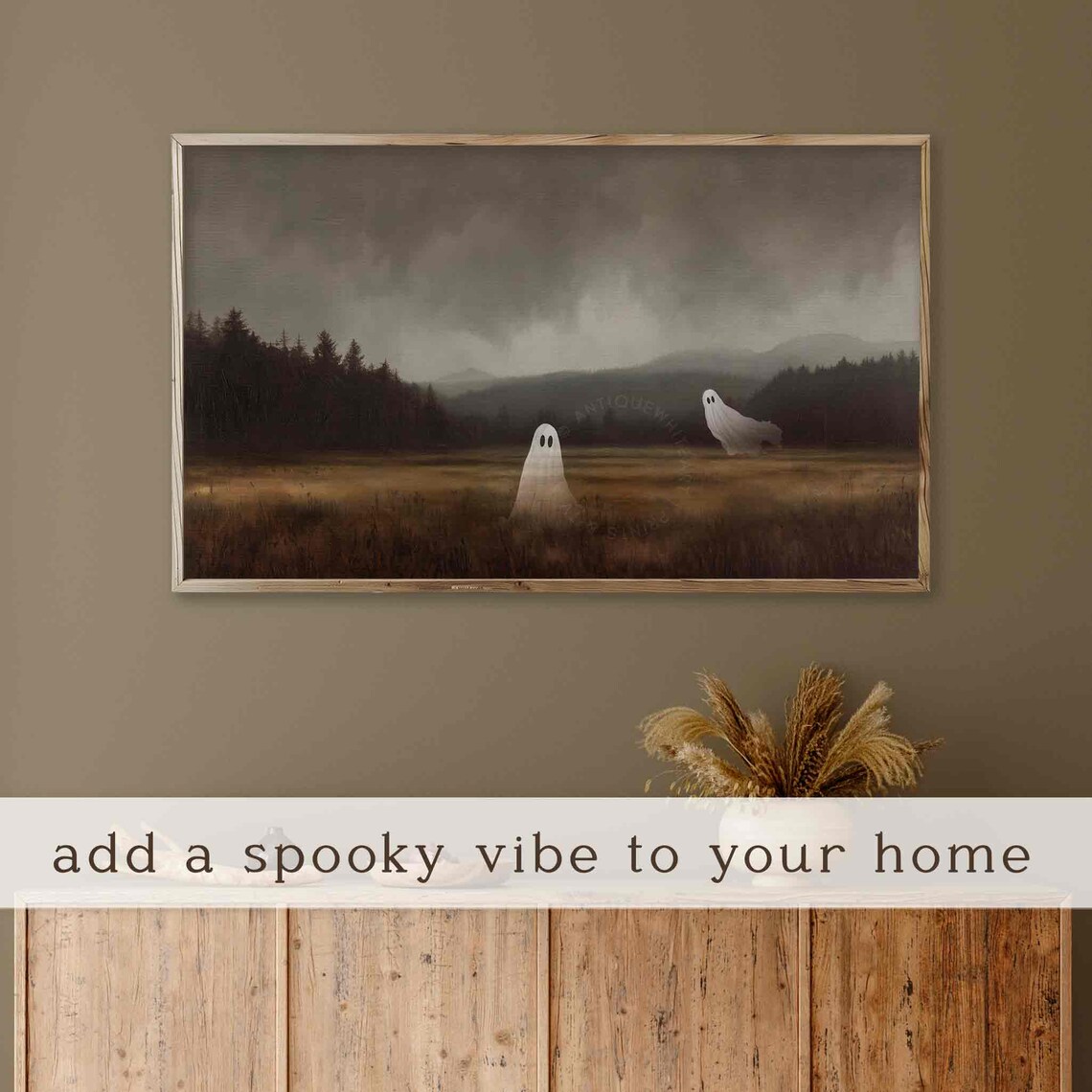 Two Ghosts In Stormy Field Under Moody Gray Sky Vintage Dark Halloween Poster - Image 3