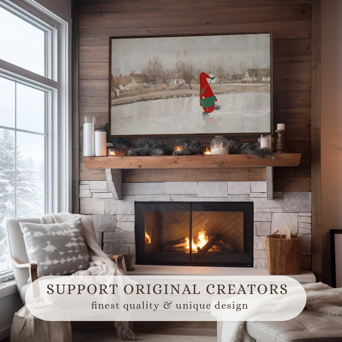 Vintage Painting For Frame Tv Cute Gnome Ice Skating Christmas Tv Art Winter Oil Painting Farmhouse Christmas Frame Tv Tv234 - Image 5