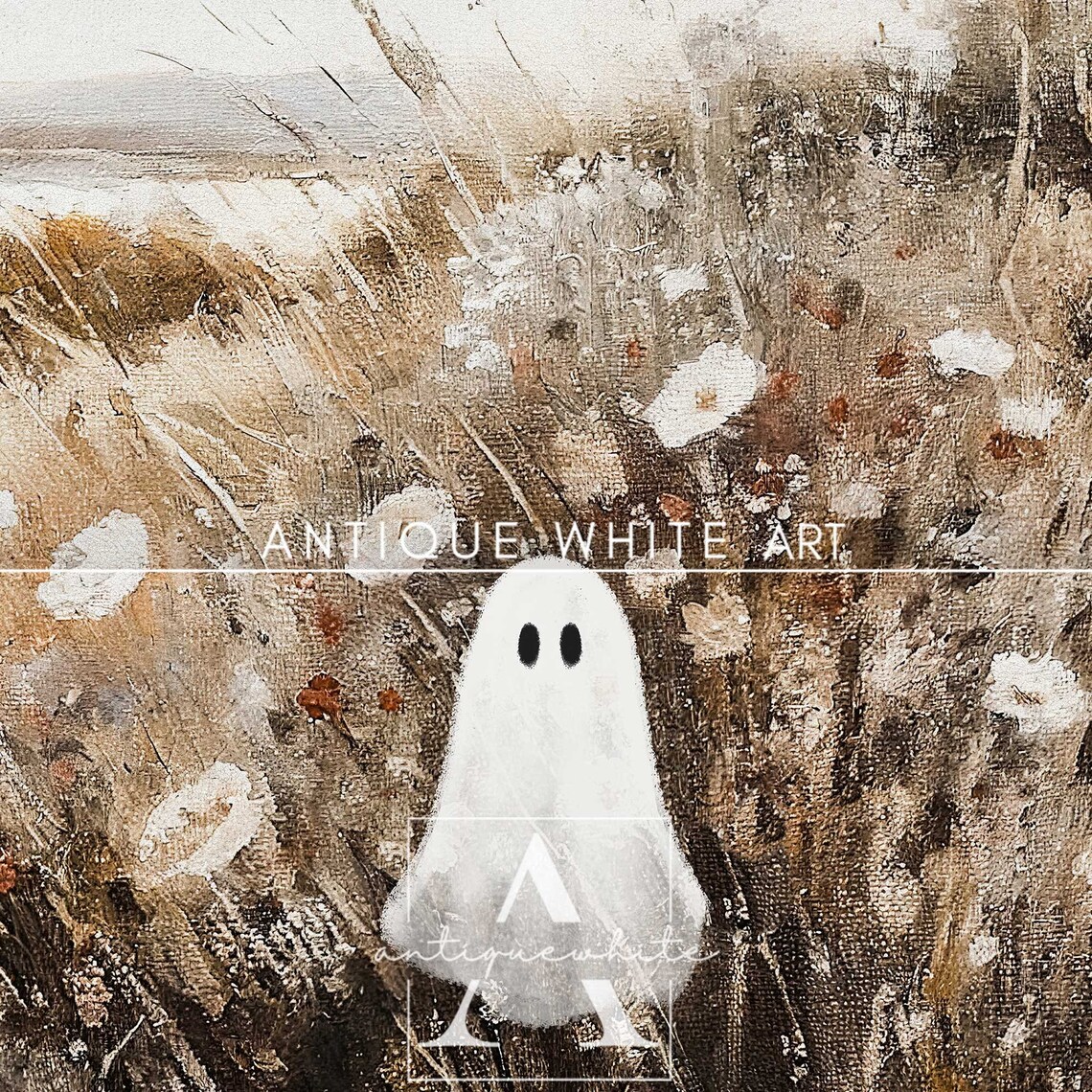 Cute Ghost White Daisy Wildflower Field Vintage Halloween Wall Art Print - Image 4