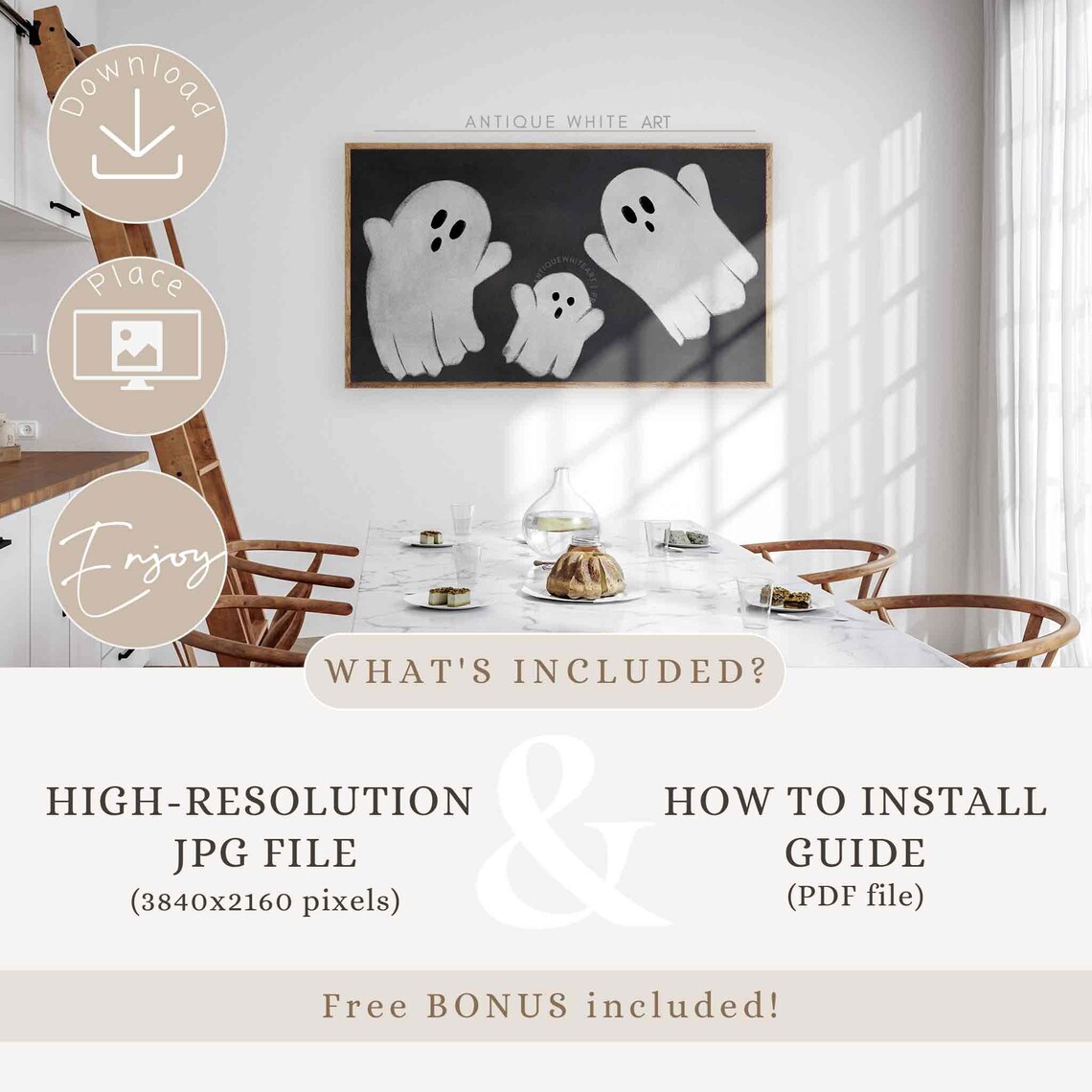 Three Cute White Ghosts Floating On Black Background Playful Halloween Poster - Image 3