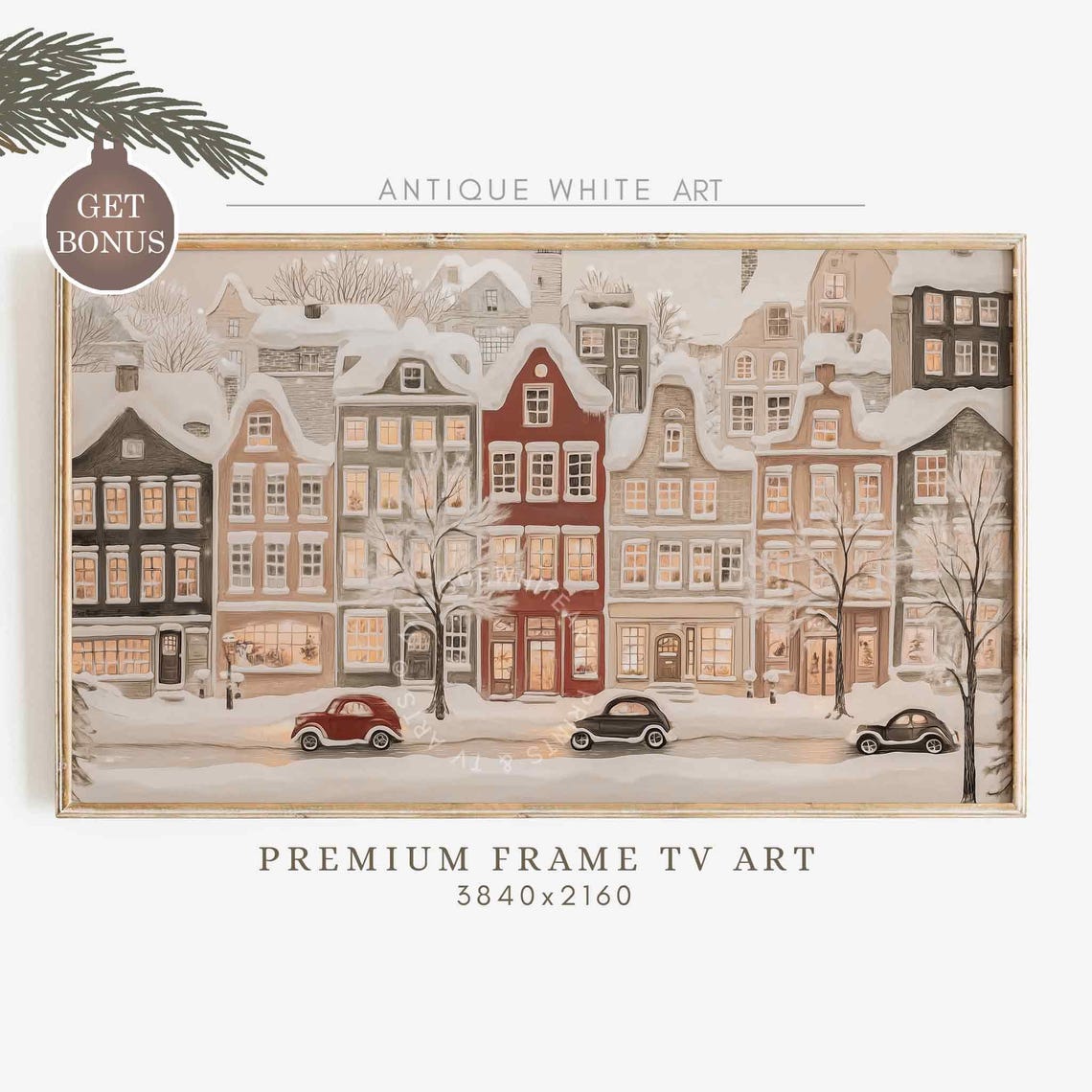 Christmas Village Frame Tv Art Beige Winter Tv Art Country Christmas Town Painting For Tv Neutral Holiday Frame Tv Christmas Decor Wa90