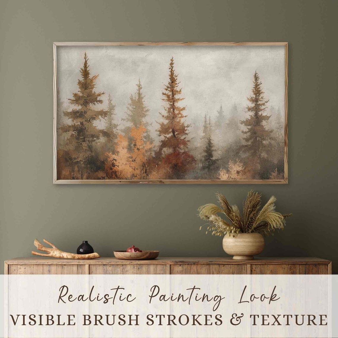 Misty Autumn Pines Soft Gray Forest Vintage Fall Frame Tv Art Poster - Image 4