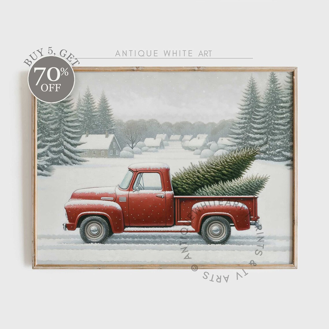 Christmas Print Farmhouse Winter Painting Seasonal Wall Art Red Truck Christmas Trees Christmas Decor W25