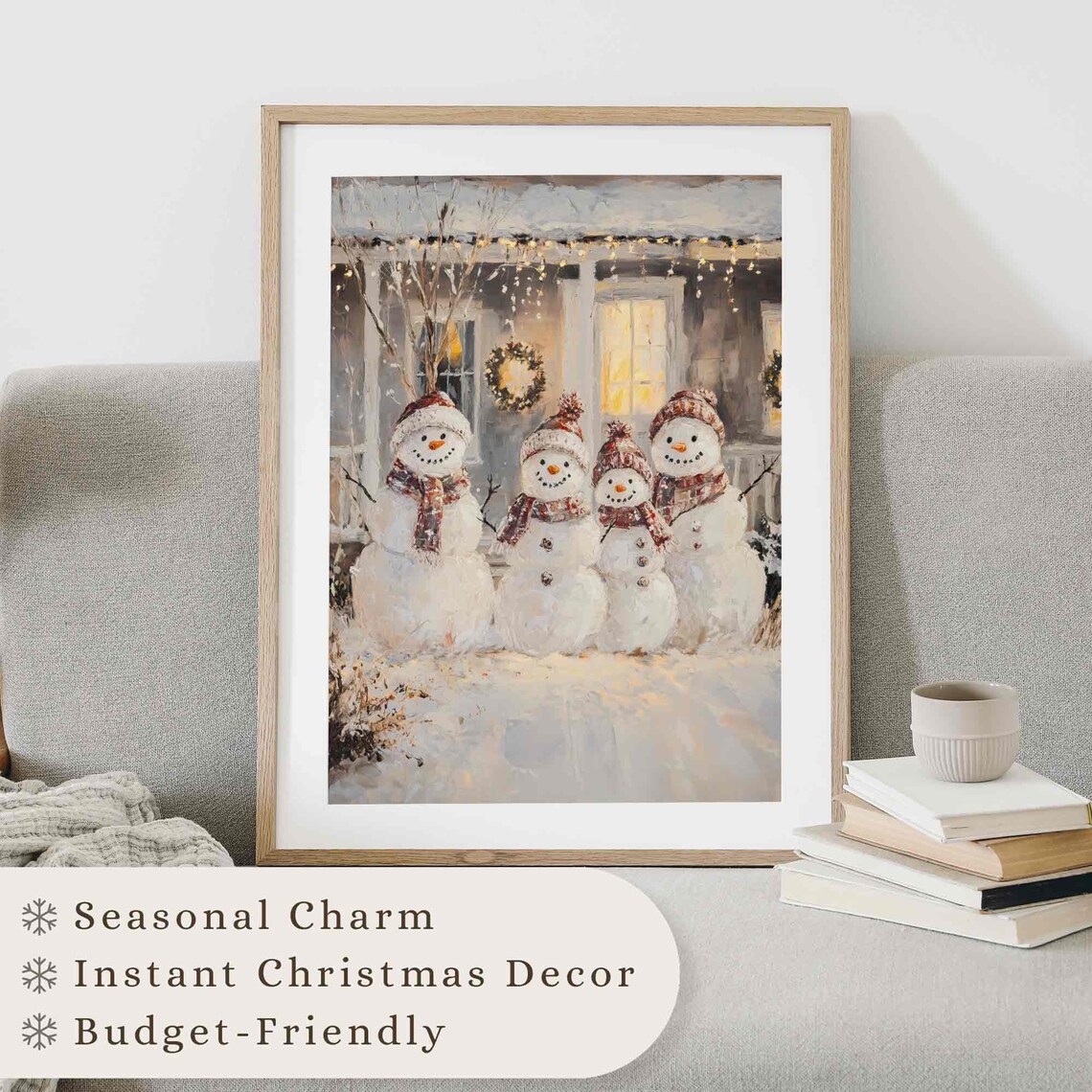 Family Of Four Snowmen In Front Of Lit Cozy House Holiday Wall Art - Image 2