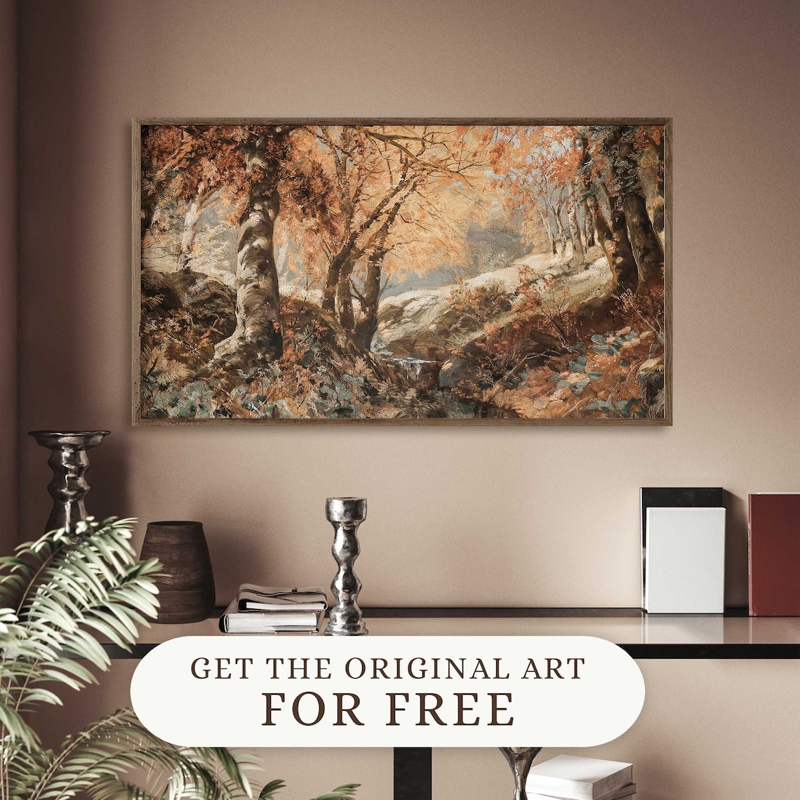 Cute Ghost In Fall Painting, Vintage Autumn Landscape - Image 3