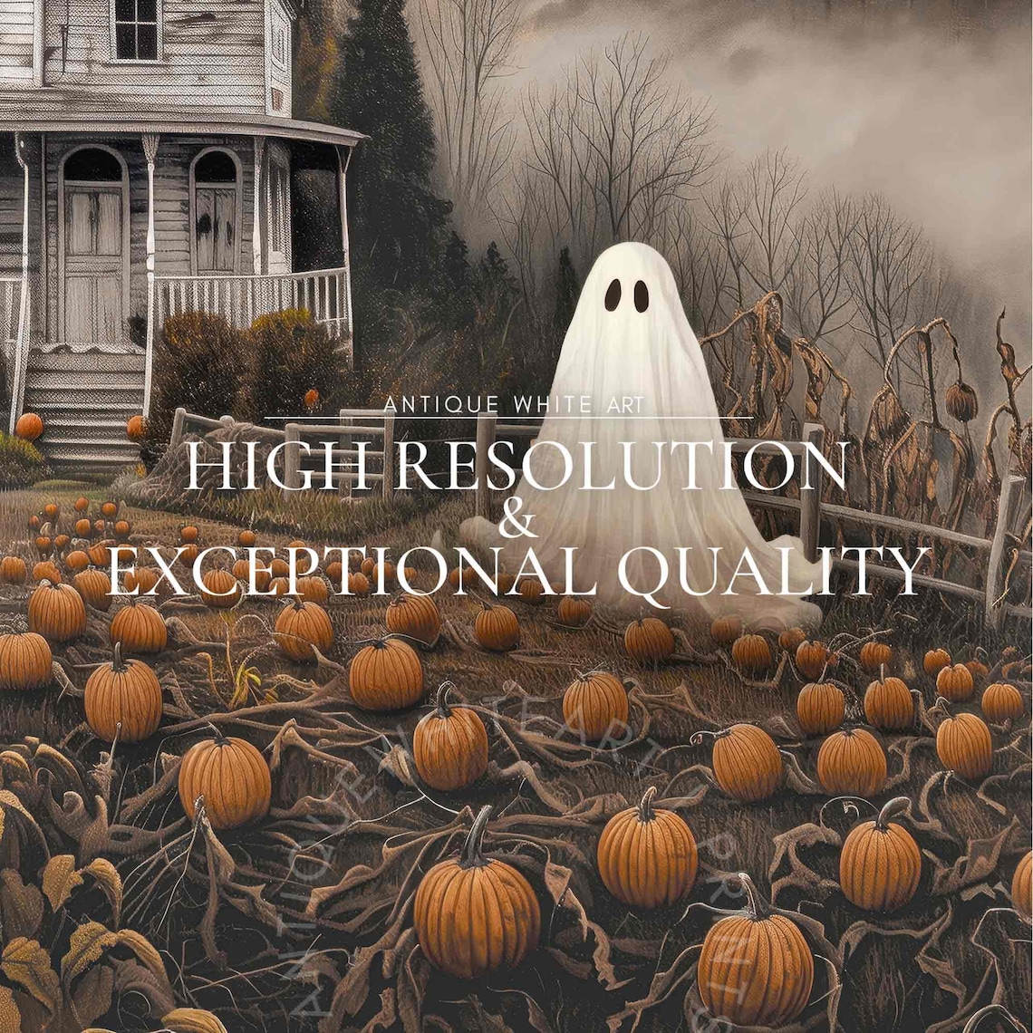 Ghost In Pumpkin Patch Under Full Moon Spooky Vintage Farmhouse Halloween Poster - Image 4