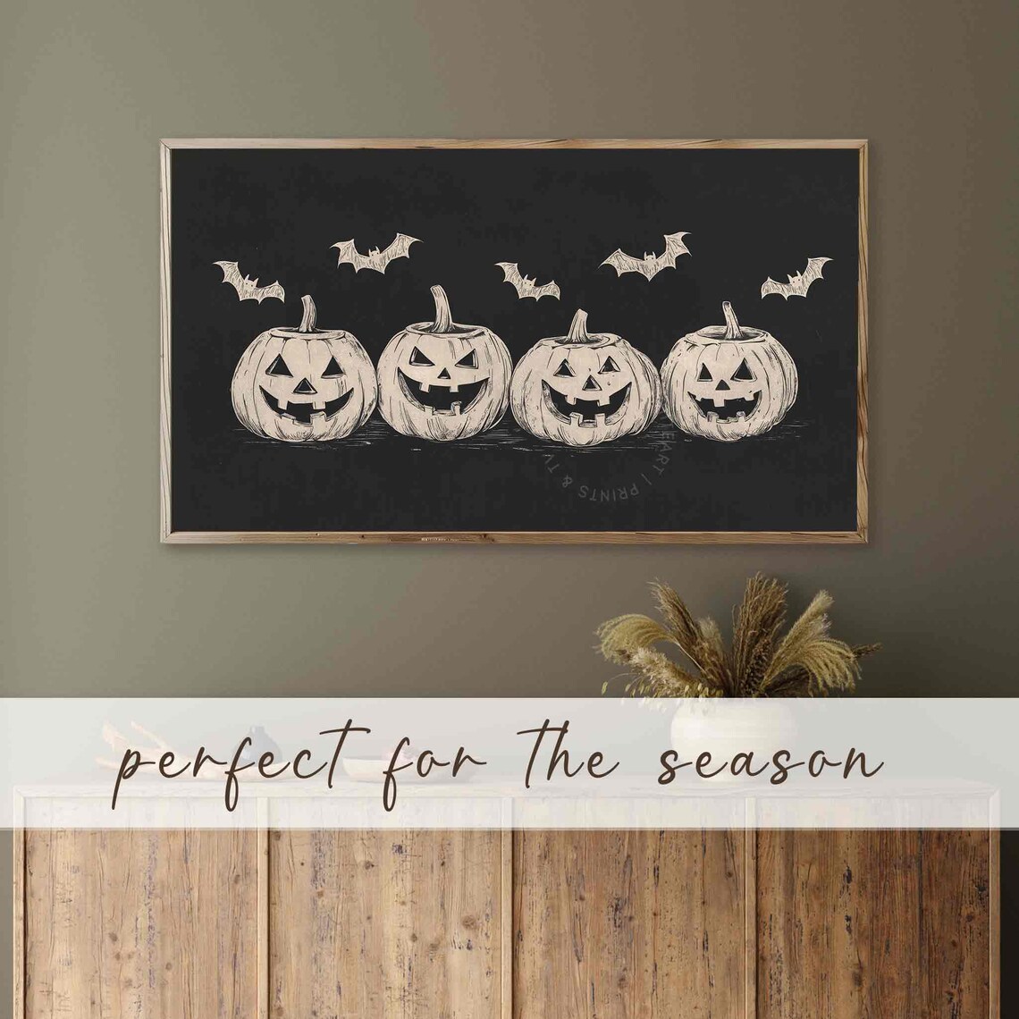 Jack O Lanterns Sketch Black Background Bats Halloween Frame Tv Art Poster - Image 3