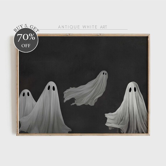 Four Flowing Ghosts Dark Background Vintage Halloween Wall Art Print