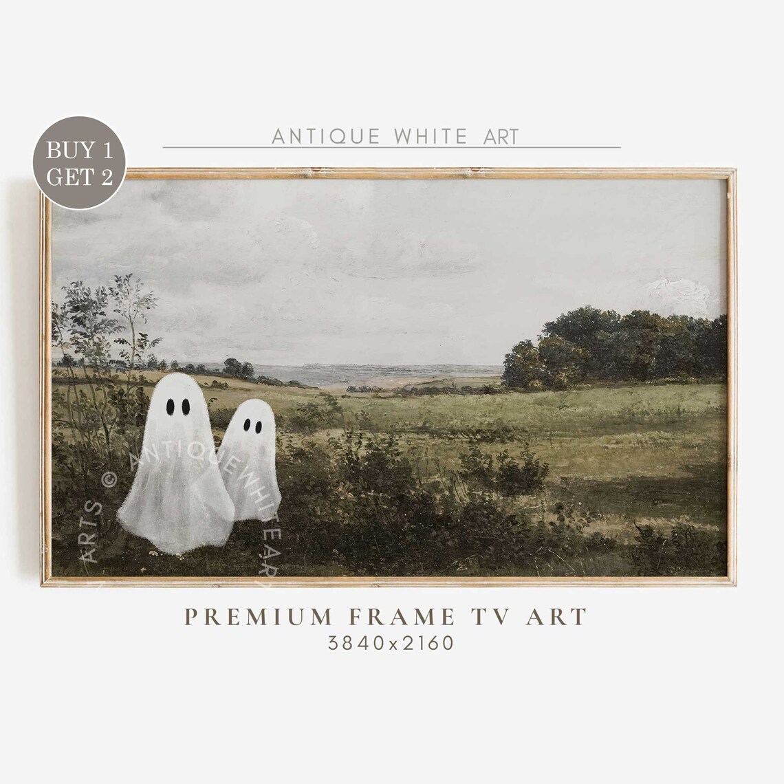 Cute Ghosts in Vintage Landscape, Halloween Art Print