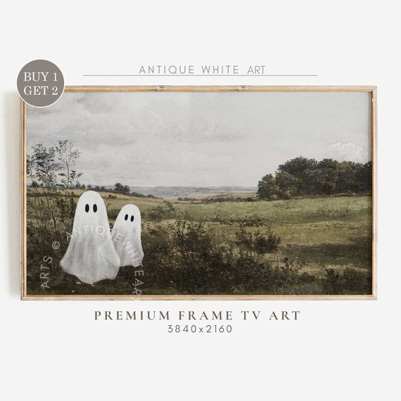 Cute Ghosts in Vintage Landscape, Halloween Art Print