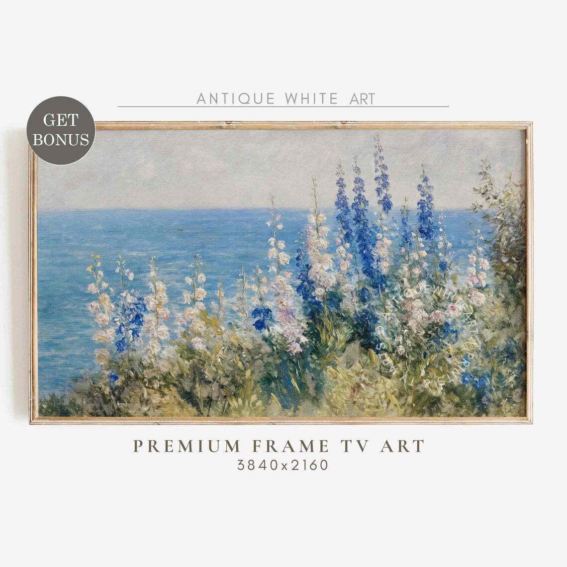 Blue Delphiniums Coastal Wildflowers Above Sea Vintage Garden Poster