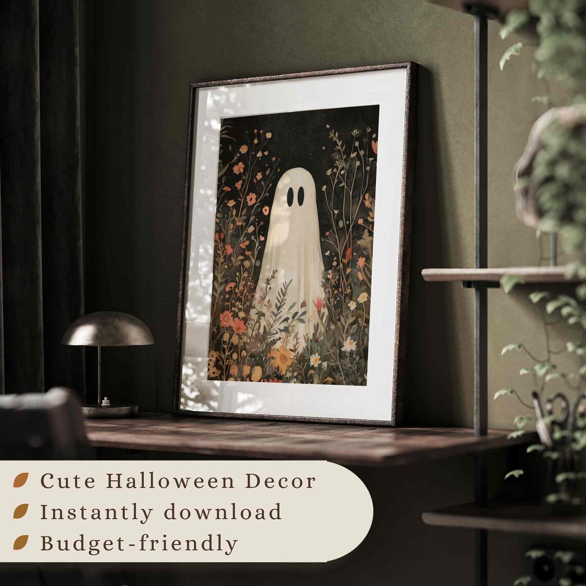 Cute Ghost Dark Botanical Night Garden Wildflowers Halloween Art Poster - Image 3