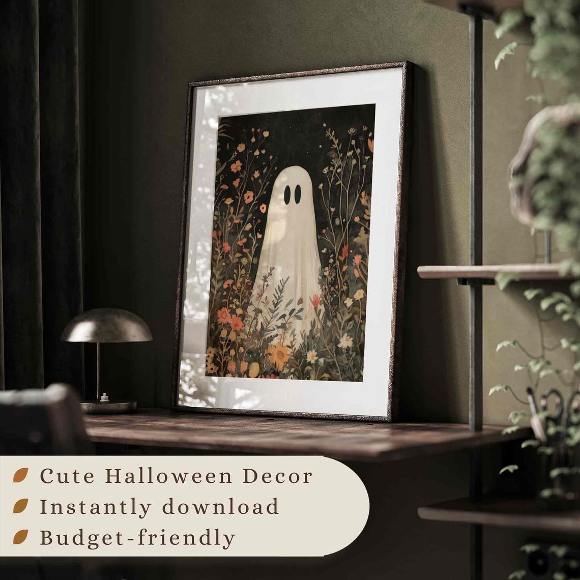 Halloween Wall Art Dark Halloween Prints Cute Ghost In A Wildflowers Painting Farmhouse Fall Prints Print A337 - Image 3