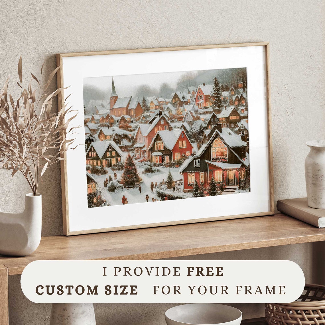 Winter Wall Art Christmas Oil Painting Snowy Village Print Festive Holiday Home Decor Farmhouse Christmas W40 - Image 2