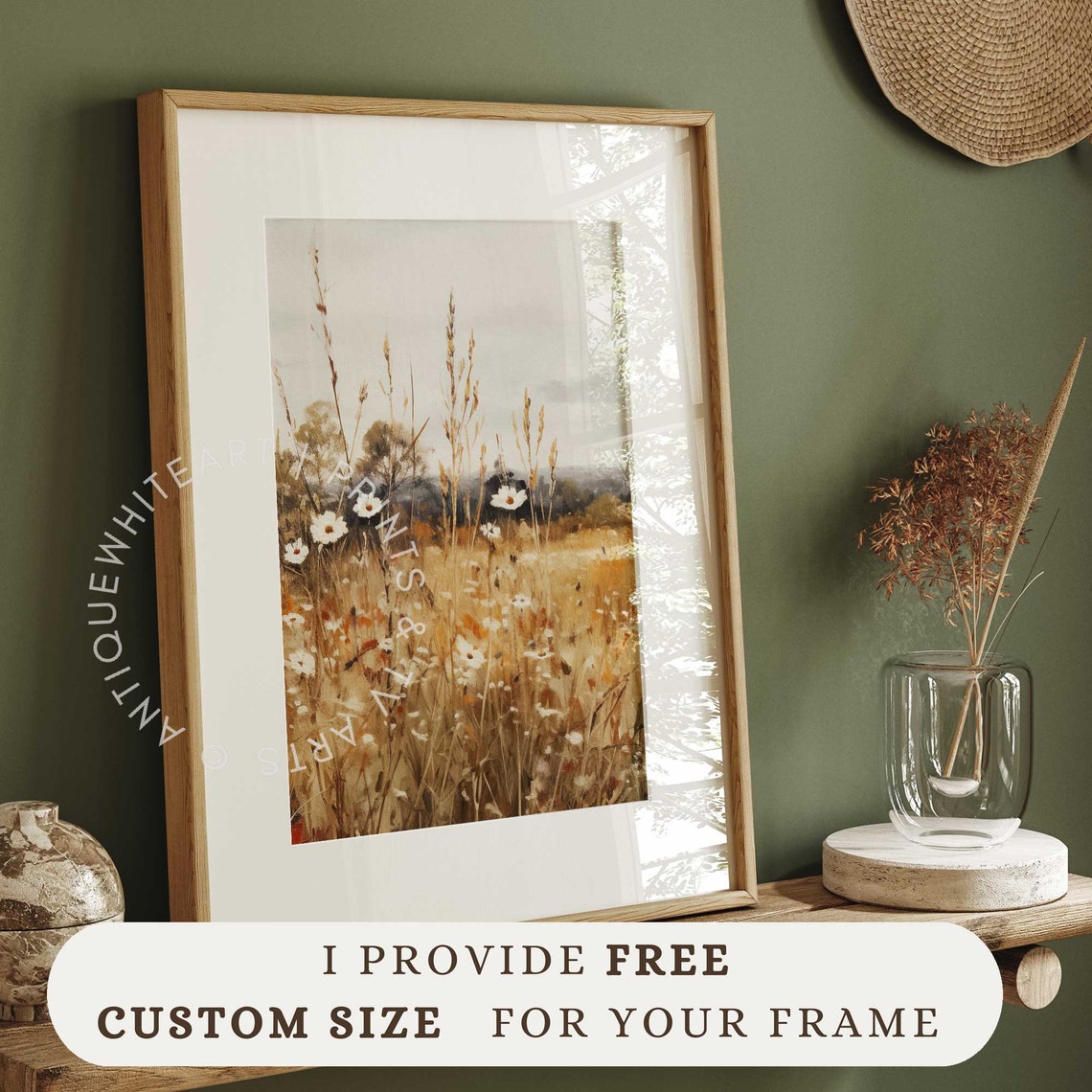 Vintage Wildflower Meadow White Daisies Golden Autumn Wall Art Print - Image 3