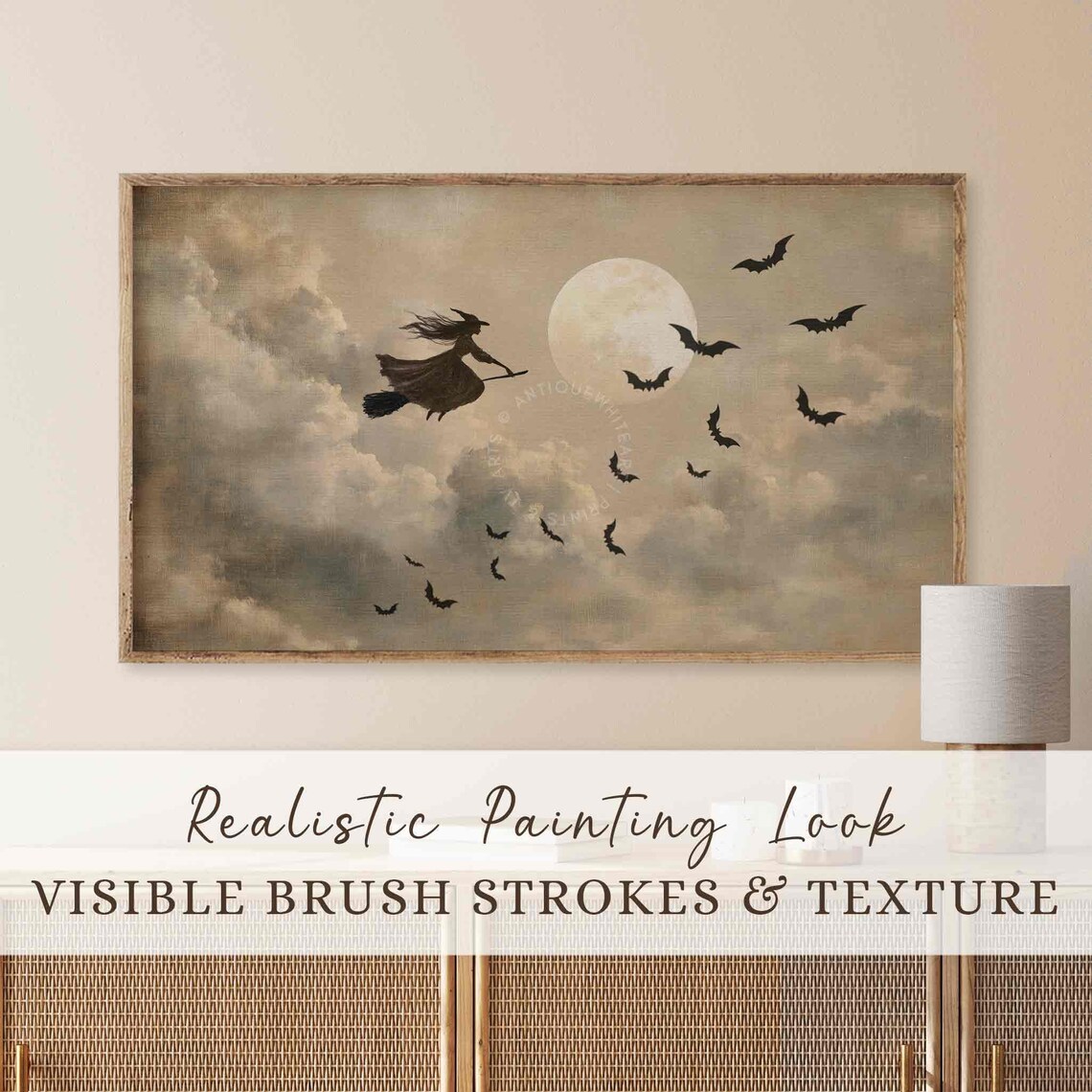 Halloween Witch Oil Painting Art Print, Bats - Image 4