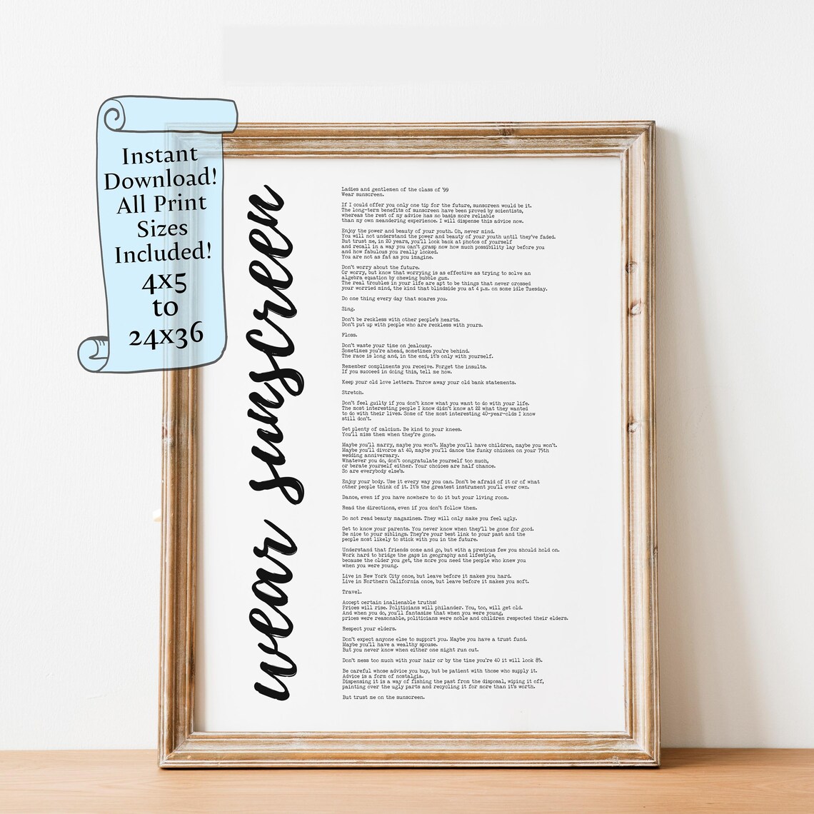 Wear Sunscreen Song Lyrics Poster Print, Wall Art