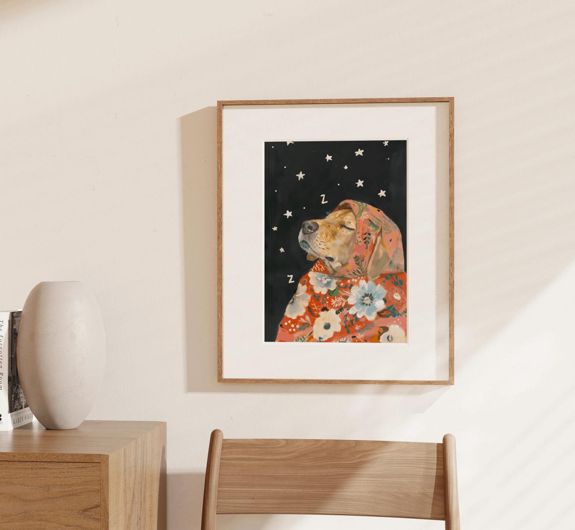 Sleeping Golden Retriever Floral Babushka Starry Night Poster - Image 2