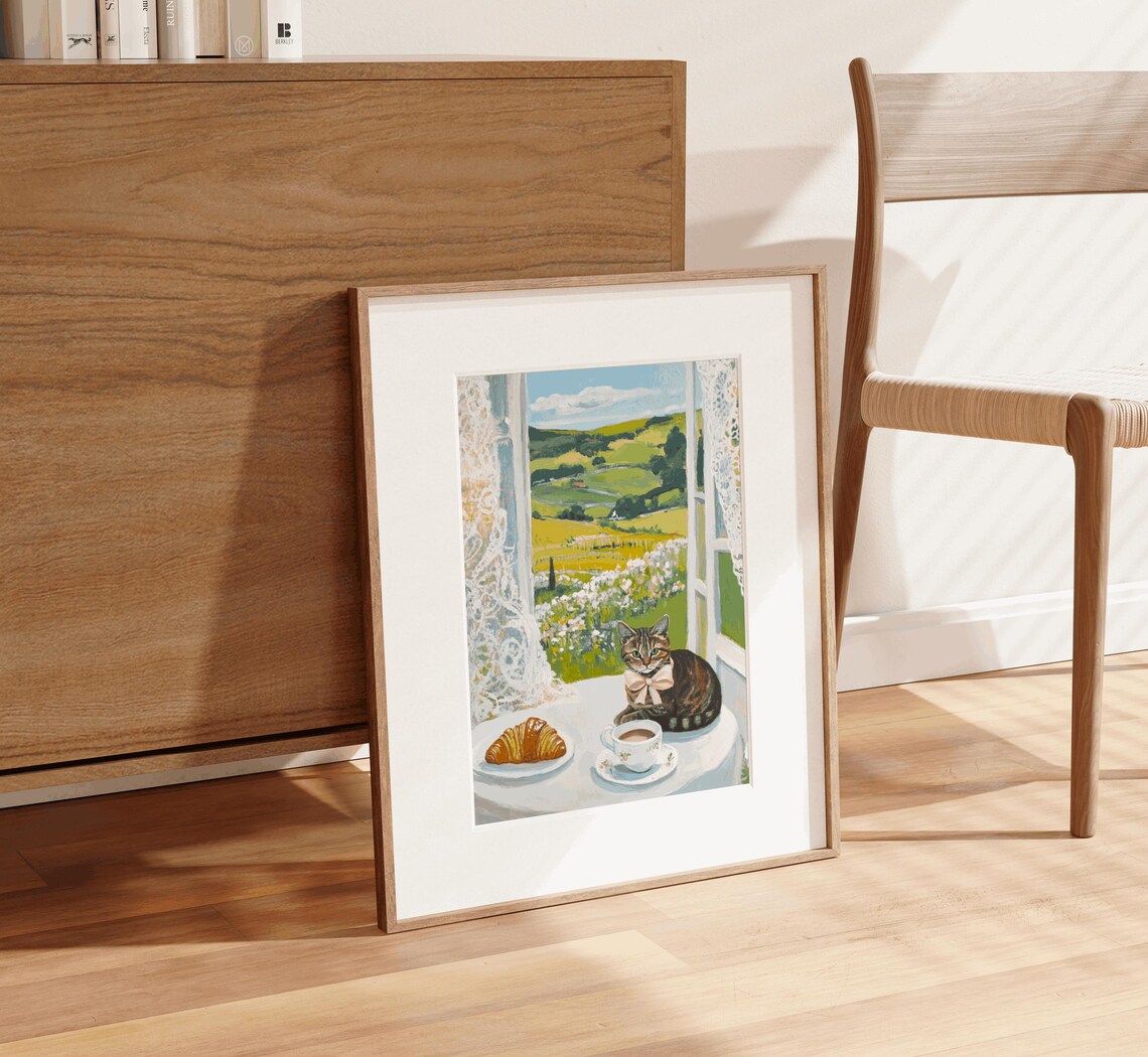 Brown Tabby Cat Cafe Cat Print, Brown Orange Tabby