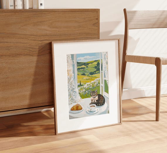 Brown Tabby Cat Cafe Cat Print, Brown Orange Tabby