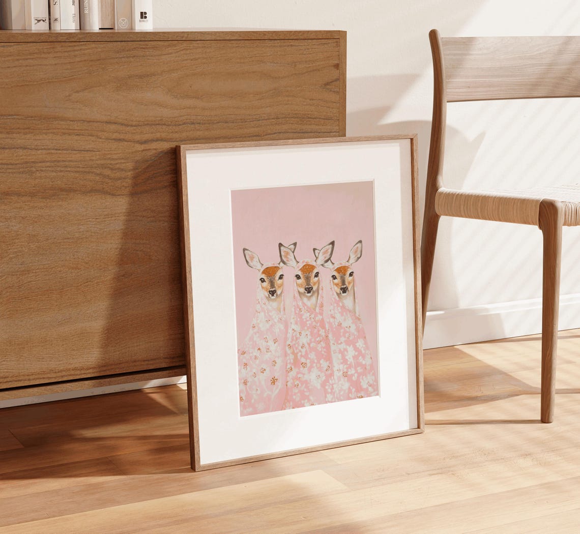Three Deer Pink Floral Dresses Cute Whimsical Nursery Poster - Image 2