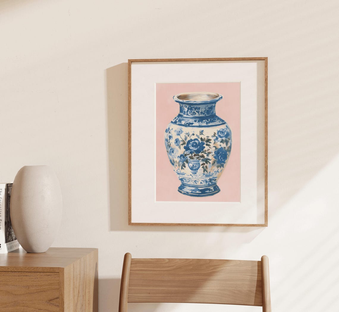 Blue Chinoiserie Vase Painting Floral Porcelain On Pink Poster - Image 3